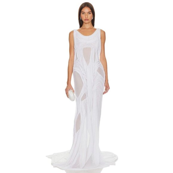 Di Petsa Wetlook Dress in White Mesh XLarge New Womens Long Runway Maxi Gown - Picture 1 of 17